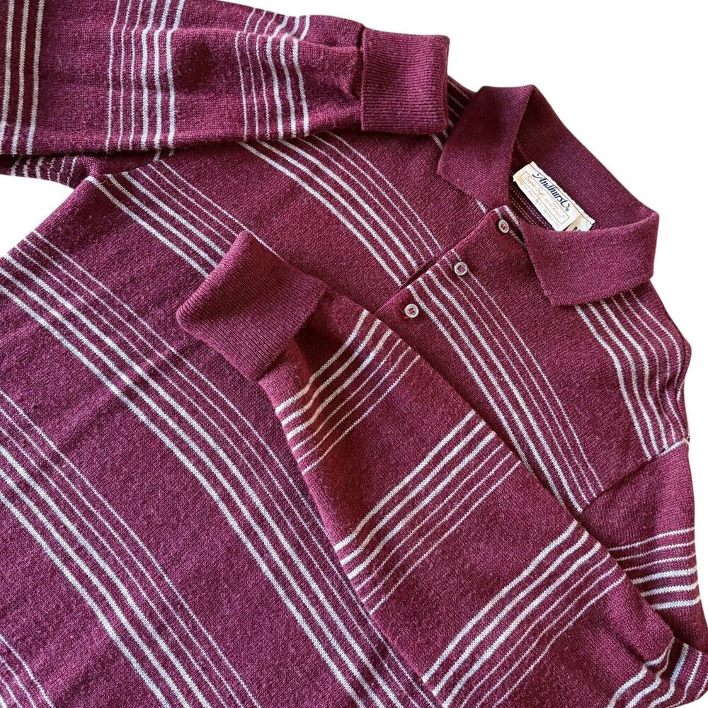 Vintage 70s Burgundy Striped Polo Knit Orlon Acrylic Sweater M Medium Super Soft